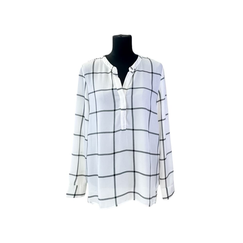 Willi Smith Windowpane Plaid Professional Tunic Blouse Black & White Large